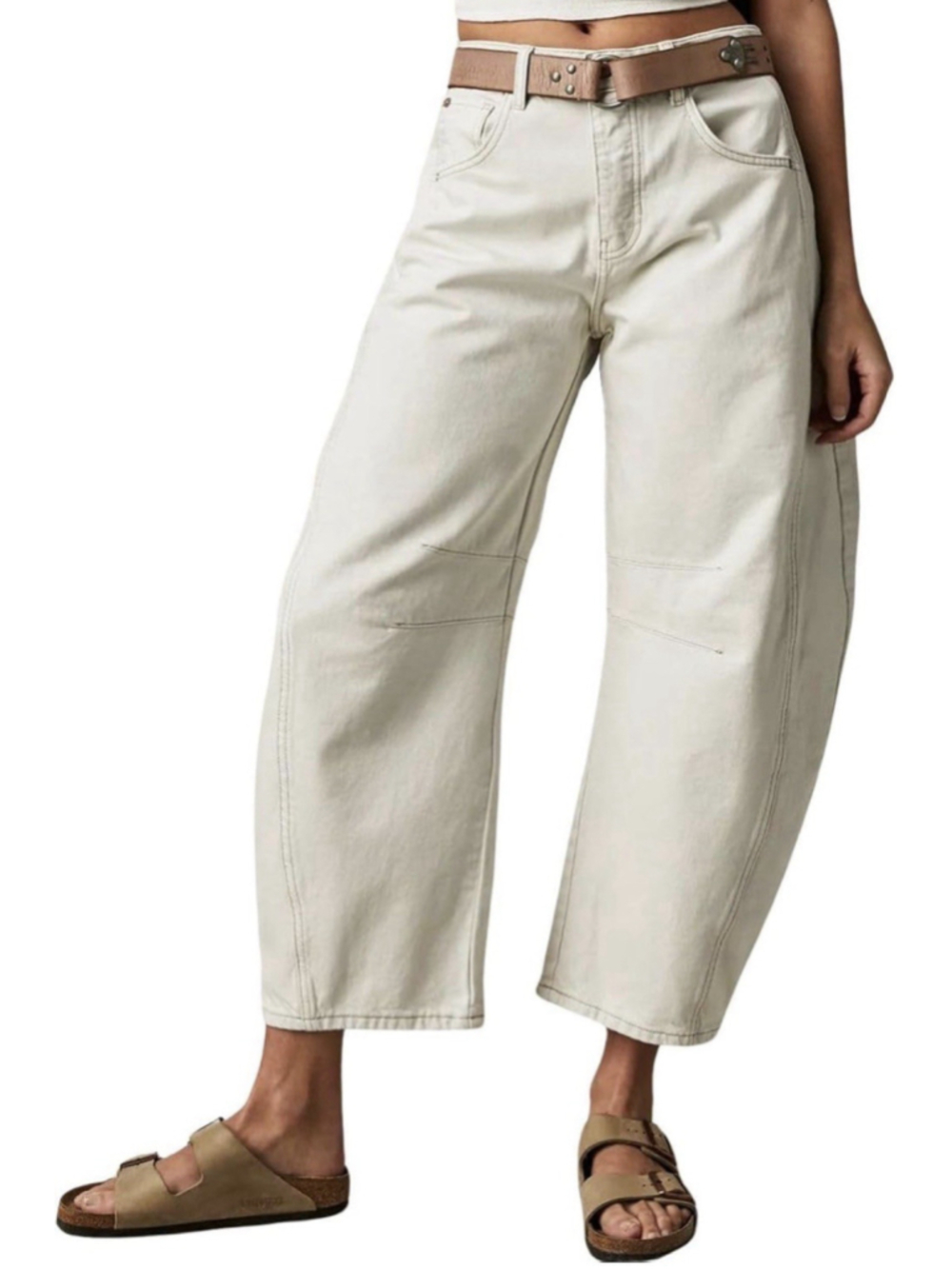 Solid Stitch Detail Mid Waist Crop Straight Leg Pants Without Belt XL